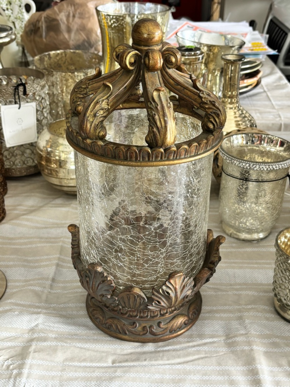 Ornate Gold-Tone Decorative Glass Hurricane Lantern - Home Accents